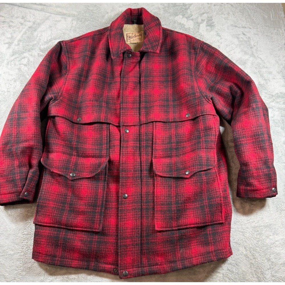 Vtg Woolrich Red Plaid Wool Jacket Sherpa Lined Made USA Men's L